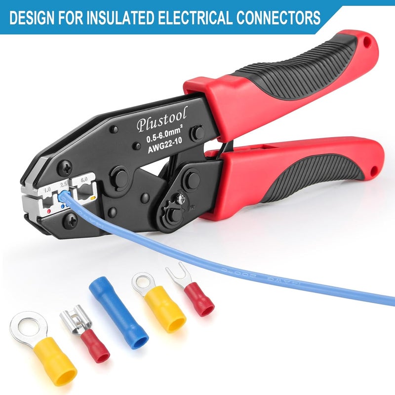 Plustool Crimping Tool for Insulated Electrical Connectors AWG 22-10 - Ratcheting Wire Terminal Crimper - Crimping Pliers - Crimper Tool Electrical - Crimp Tool - Image 2